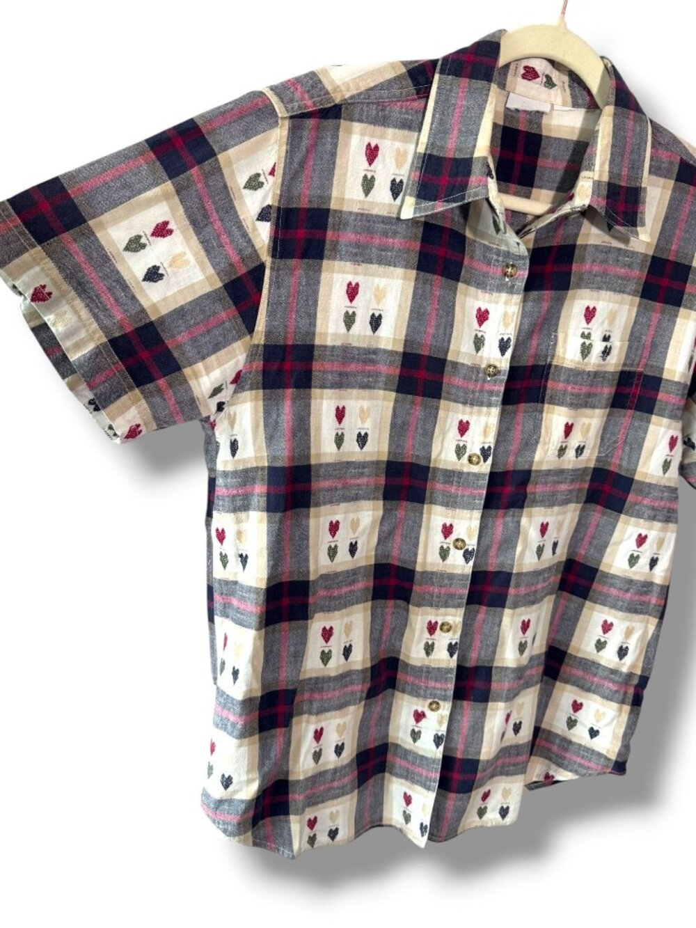 Vintage 80s Plaid Woven Hearts Cotton Short Sleeve Shirt Button Front - M - Picture 6 of 14